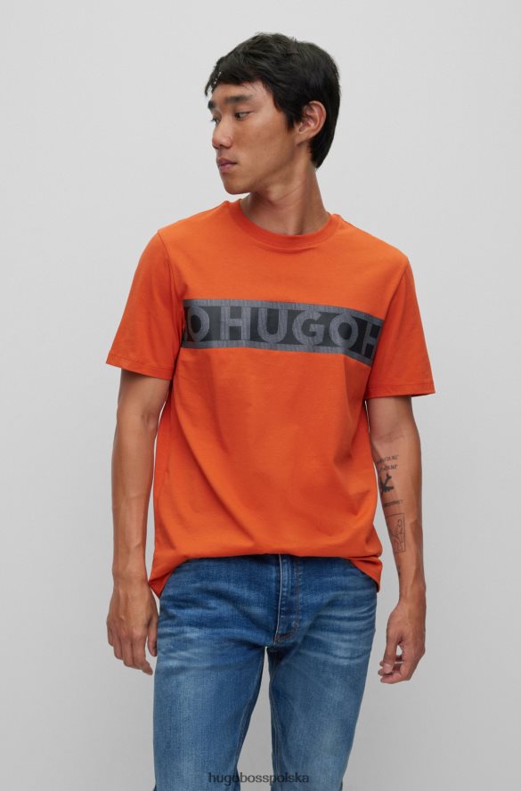 Hugo Boss ciemnopomarańczowa koszulka hugo z organicznej bawełny z grafiką na taśmie z logo ciemna pomarańcza R0X0H63512