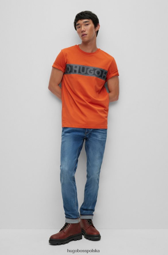 Hugo Boss ciemnopomarańczowa koszulka hugo z organicznej bawełny z grafiką na taśmie z logo ciemna pomarańcza R0X0H63512