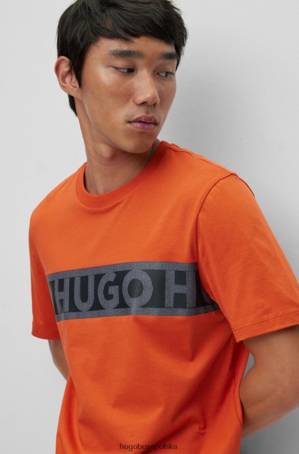 Hugo Boss ciemnopomarańczowa koszulka hugo z organicznej bawełny z grafiką na taśmie z logo ciemna pomarańcza R0X0H63512