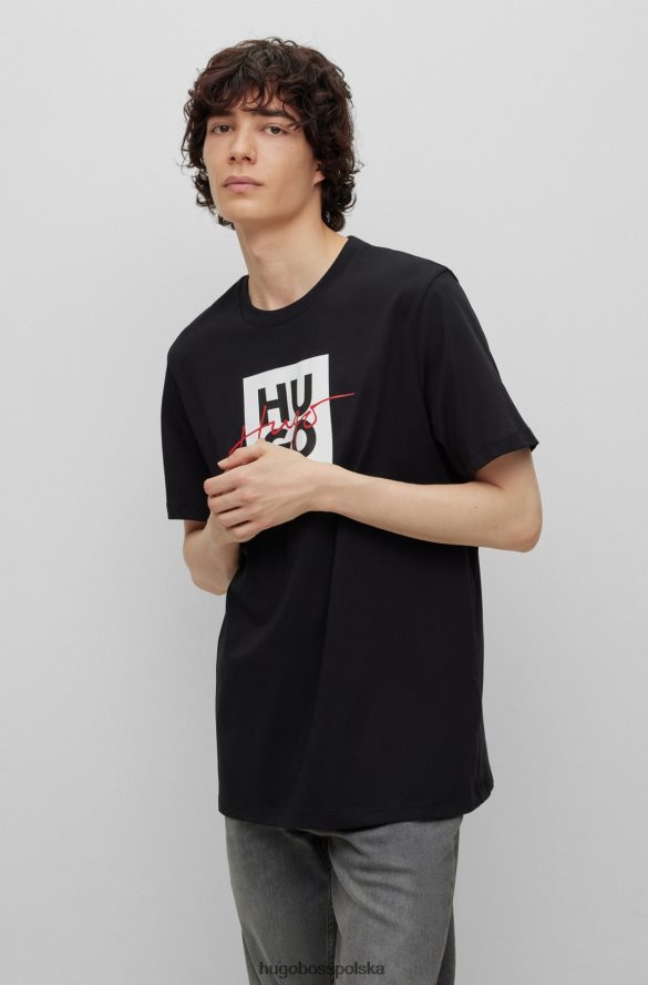 Hugo Boss czarna koszulka z bawełnianego dżerseju z nałożonymi na siebie i ręcznie napisanymi logo hugo czarny R0X0H62420