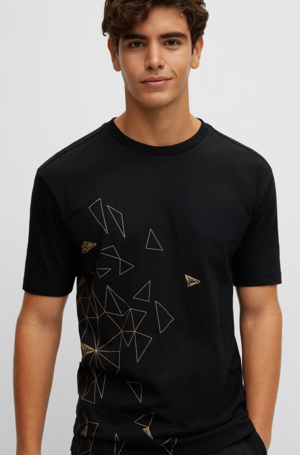 Hugo Boss czarna koszulka z bawełnianego jerseyu Hugo z zakrzywionym logo z efektem metalicznym czarny R0X0H61376