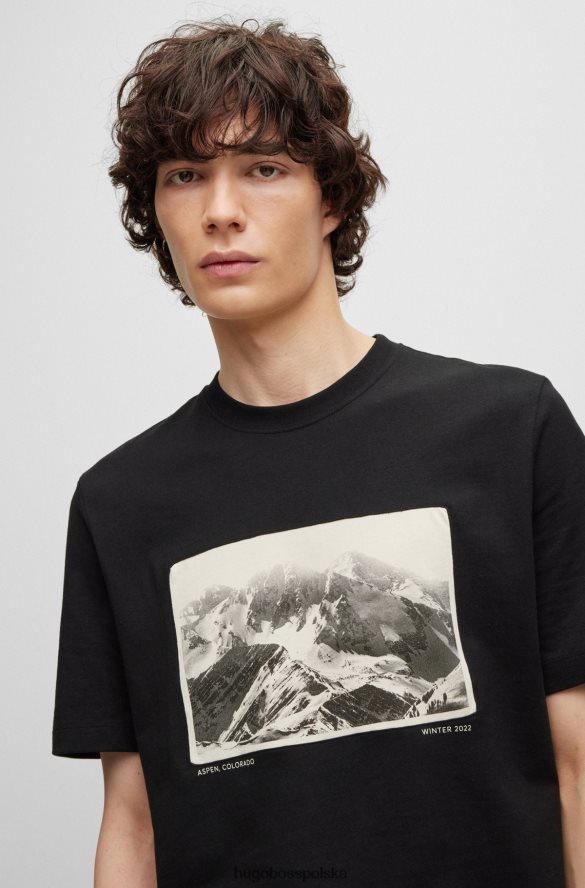 Hugo Boss czarna koszulka z bawełnianego jerseyu z nadrukiem górskim hugo czarny R0X0H64123