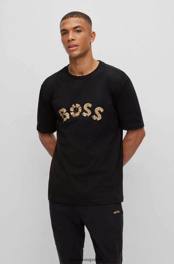 Hugo Boss czarna koszulka z bawełnianego jerseyu z zakrzywionym logo hugo z efektem metalicznym czarny R0X0H61901
