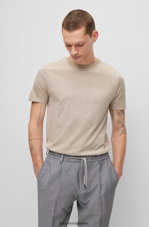 Hugo Boss jasnobeżowa koszulka Hugo z jedwabiu bawełnianego typu slim-fit w cienkie paski jasny beż R0X0H64468