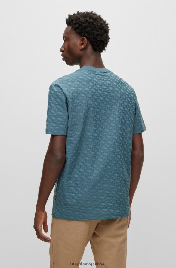 Hugo Boss turkusowa koszulka z monogramem, wykonana z bawełnianego żakardowego hugo turkus R0X0H63704