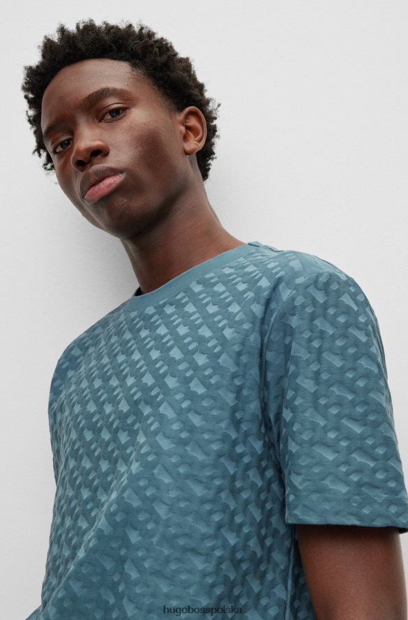 Hugo Boss turkusowa koszulka z monogramem, wykonana z bawełnianego żakardowego hugo turkus R0X0H63704