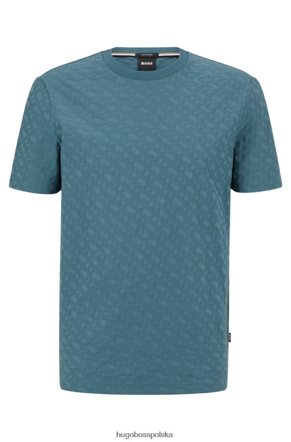Hugo Boss turkusowa koszulka z monogramem, wykonana z bawełnianego żakardowego hugo turkus R0X0H63704