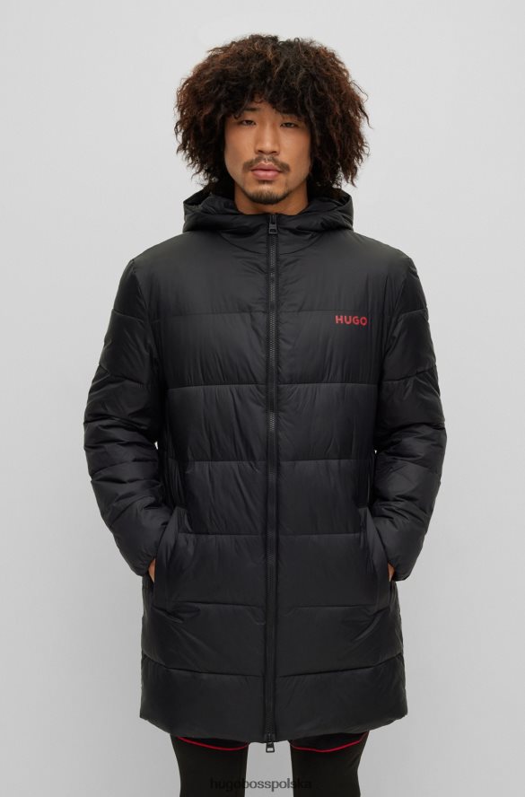 Hugo Boss Czarny, puchowy płaszcz Hugo z kapturem i logo na piersi czarny R0X0H61500