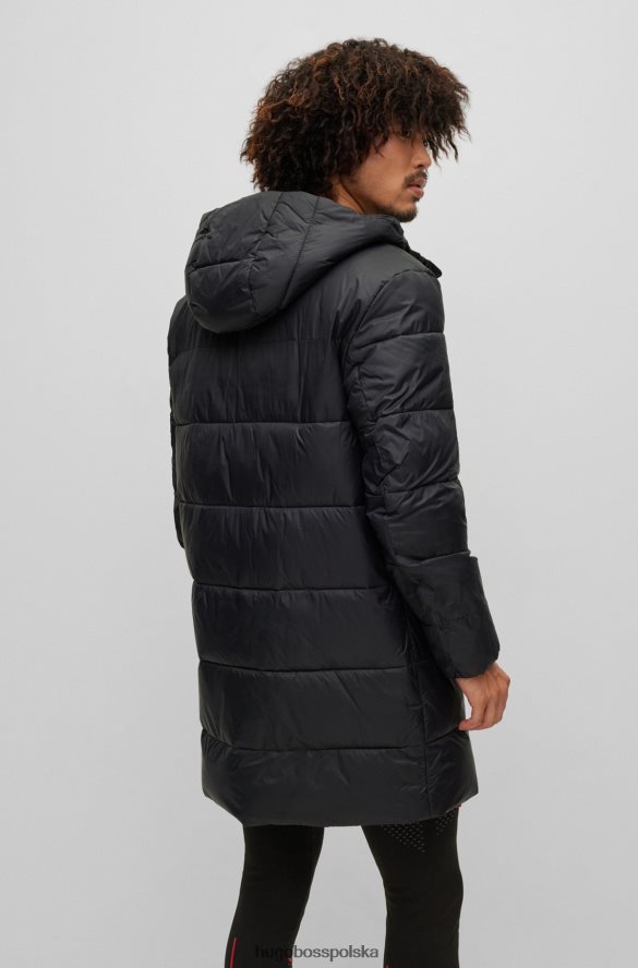 Hugo Boss Czarny, puchowy płaszcz Hugo z kapturem i logo na piersi czarny R0X0H61500