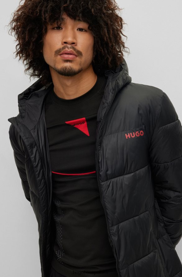 Hugo Boss Czarny, puchowy płaszcz Hugo z kapturem i logo na piersi czarny R0X0H61500