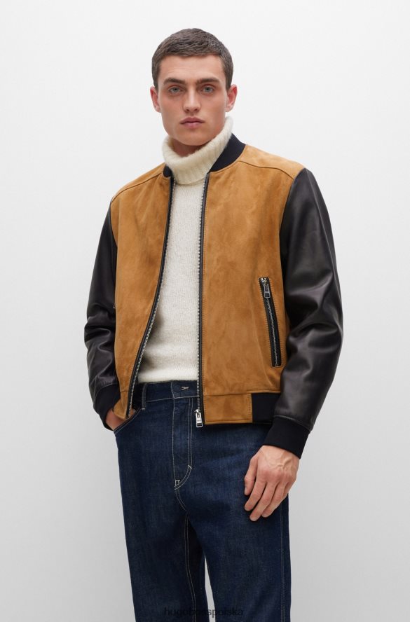 Hugo Boss beżowa kurtka bomber hugo z zamszu i skóry nappa beżowy R0X0H61382