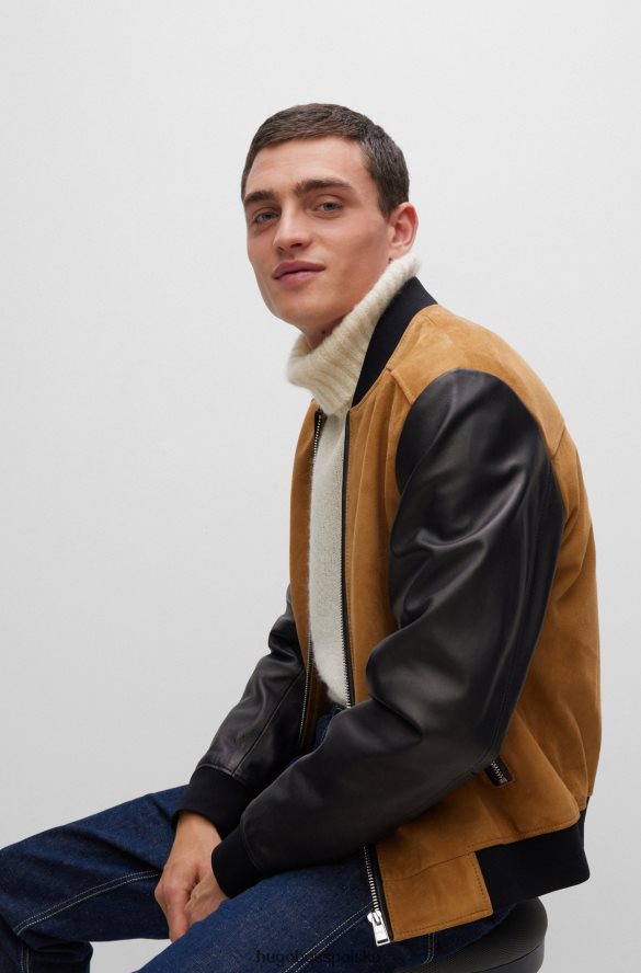 Hugo Boss beżowa kurtka bomber hugo z zamszu i skóry nappa beżowy R0X0H61382