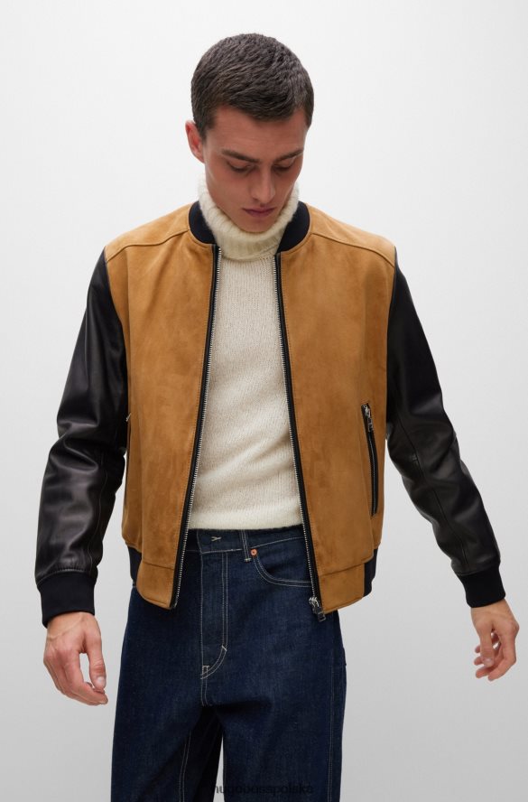 Hugo Boss beżowa kurtka bomber hugo z zamszu i skóry nappa beżowy R0X0H61382