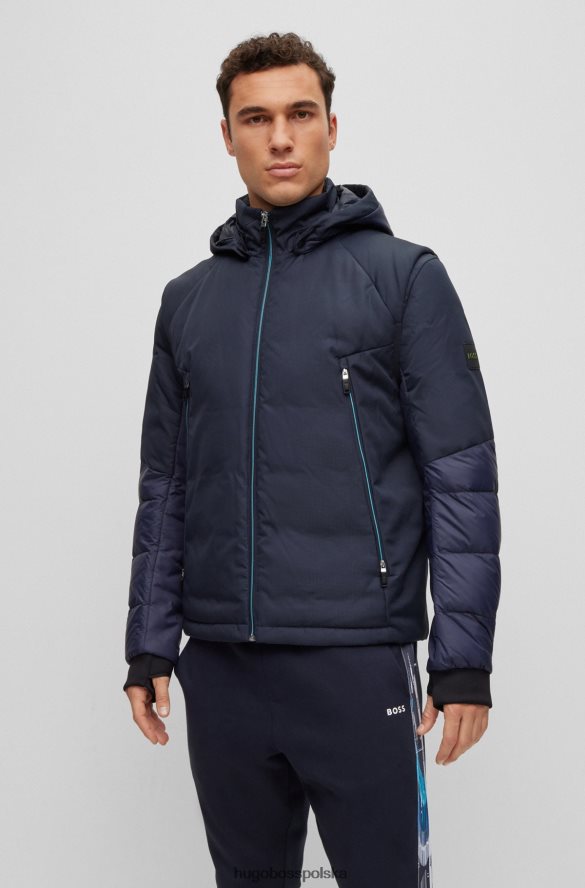 Hugo Boss ciemnoniebieska kurtka puchowa z mieszanki materiałów, z odpinanymi rękawami i kapturem hugo ciemny niebieski R0X0H6994