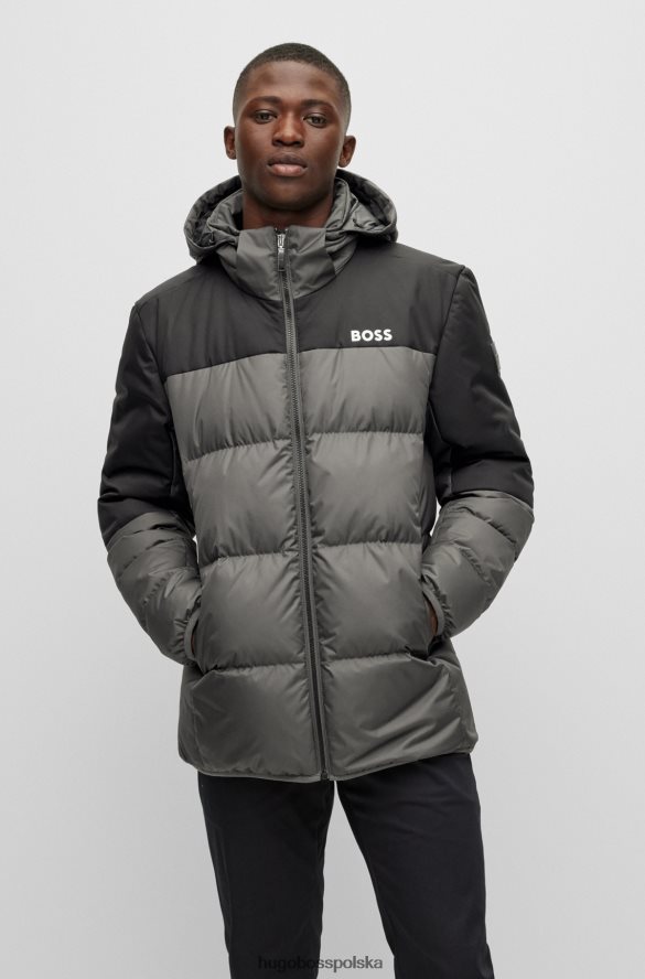 Hugo Boss ciemnoszara wodoodporna kurtka puchowa z detalami z logo hugo ciemno szary R0X0H62438