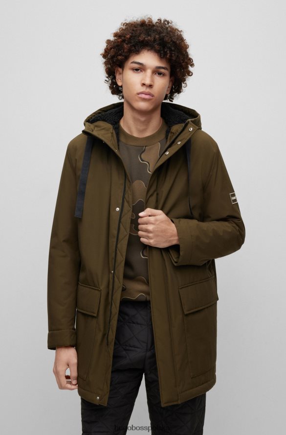 Hugo Boss ciemnozielona, ​​wodoodporna kurtka parka hugo o regularnym kroju z logo w ramce ciemnozielony R0X0H62652