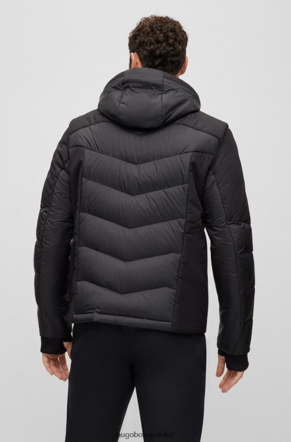 Hugo Boss czarna kurtka puchowa hugo z mieszanki materiałów, z odpinanymi rękawami i kapturem czarny R0X0H6996