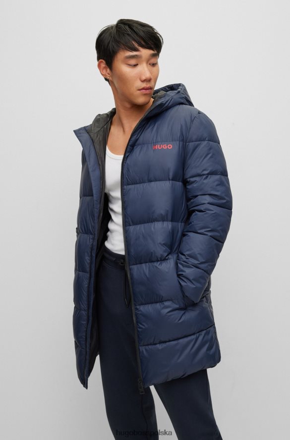 Hugo Boss hugo ciemnoniebieski, puchowy płaszcz z kapturem i logo na piersi ciemny niebieski R0X0H61501