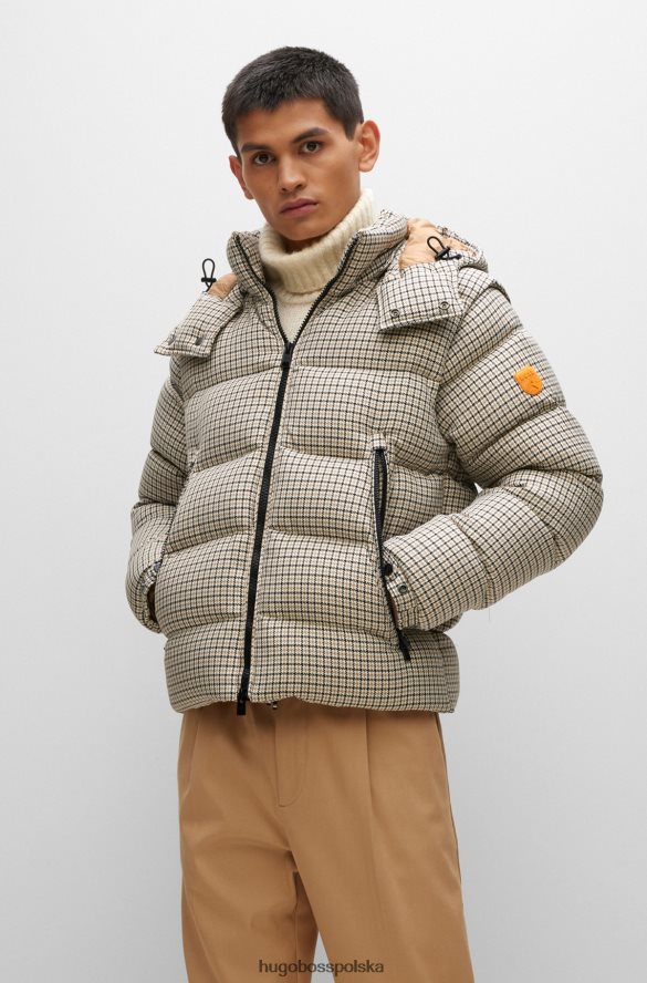 Hugo Boss hugo puchowa kurtka we wzór pepitki z odpinanym kapturem i rękawami beżowa beżowy R0X0H61763