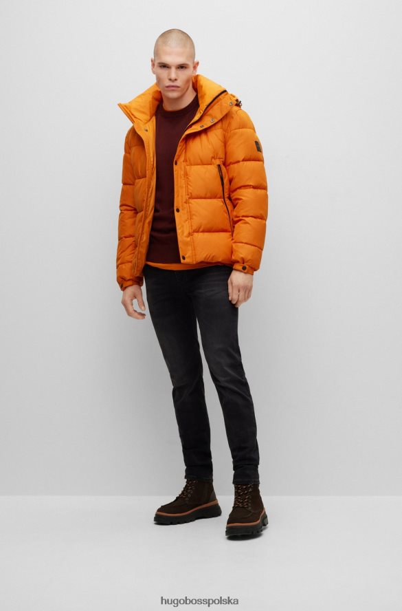 Hugo Boss wodoodporna kurtka puchowa z kapturem i naszywką z logo w kolorze jasnopomarańczowym hugo jasnopomarańczowy R0X0H61021