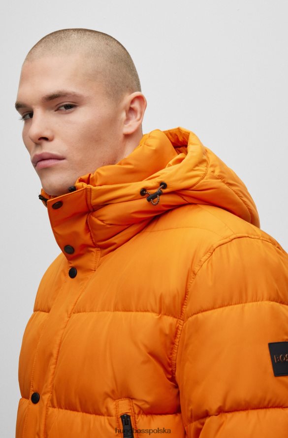 Hugo Boss wodoodporna kurtka puchowa z kapturem i naszywką z logo w kolorze jasnopomarańczowym hugo jasnopomarańczowy R0X0H61021