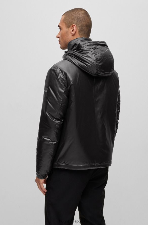 Hugo Boss wodoodporna kurtka z kapturem, wykonana z błyszczącego materiału hugo w kolorze czarnym czarny R0X0H62806