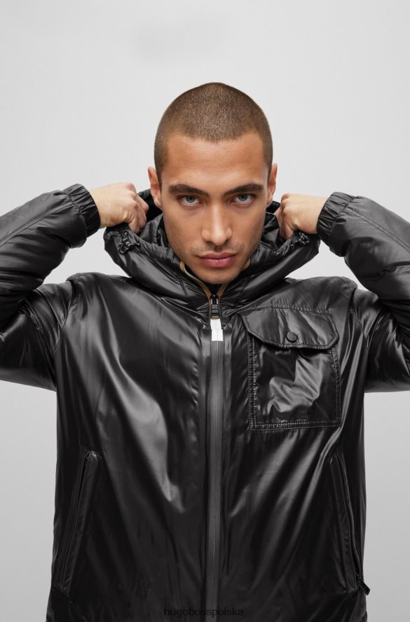 Hugo Boss wodoodporna kurtka z kapturem, wykonana z błyszczącego materiału hugo w kolorze czarnym czarny R0X0H62806