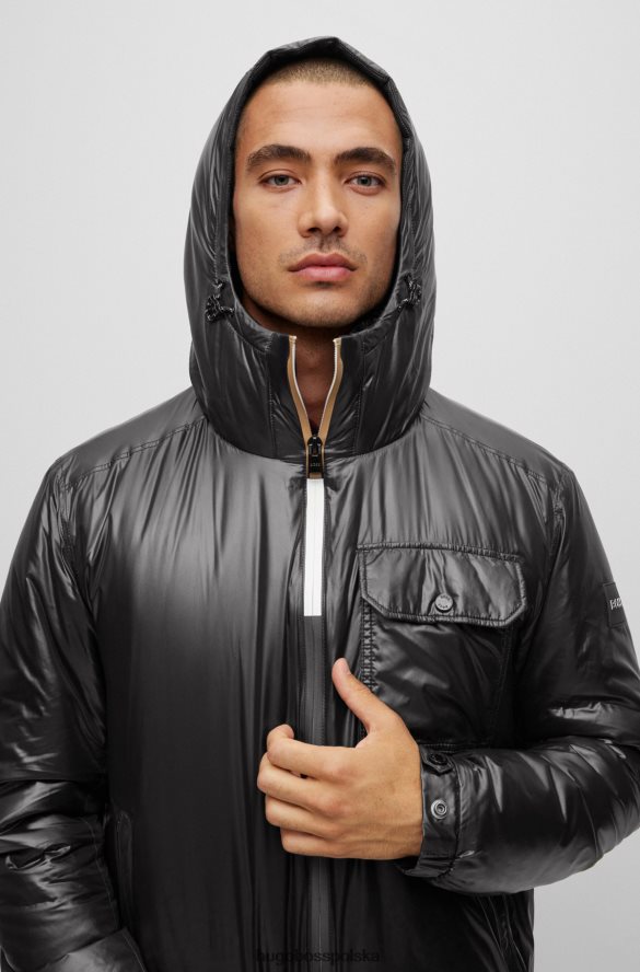 Hugo Boss wodoodporna kurtka z kapturem, wykonana z błyszczącego materiału hugo w kolorze czarnym czarny R0X0H62806