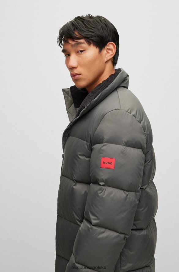 Hugo Boss wodoodporny, puchowy płaszcz z czerwoną metką z logo, ciemnoszary hugo ciemno szary R0X0H61790
