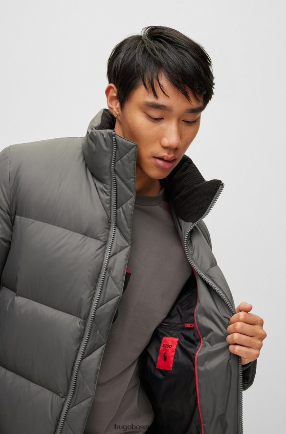Hugo Boss wodoodporny, puchowy płaszcz z czerwoną metką z logo, ciemnoszary hugo ciemno szary R0X0H61790