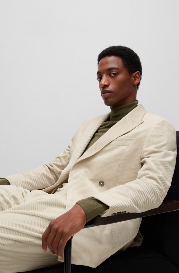 Hugo Boss Hugo dwurzędowa kurtka slim-fit z bawełniano-kaszmirowego sztruksu w kolorze jasnego beżu jasny beż R0X0H64372