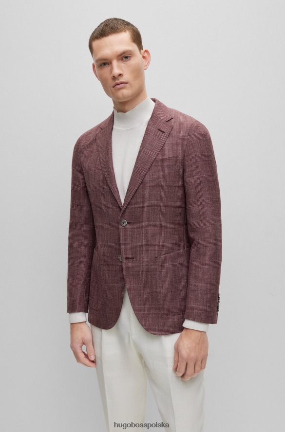 Hugo Boss ciemnoczerwona kurtka o dopasowanym kroju hugo z kraciastej wełny, jedwabiu i lnu ciemno czerwony R0X0H64569