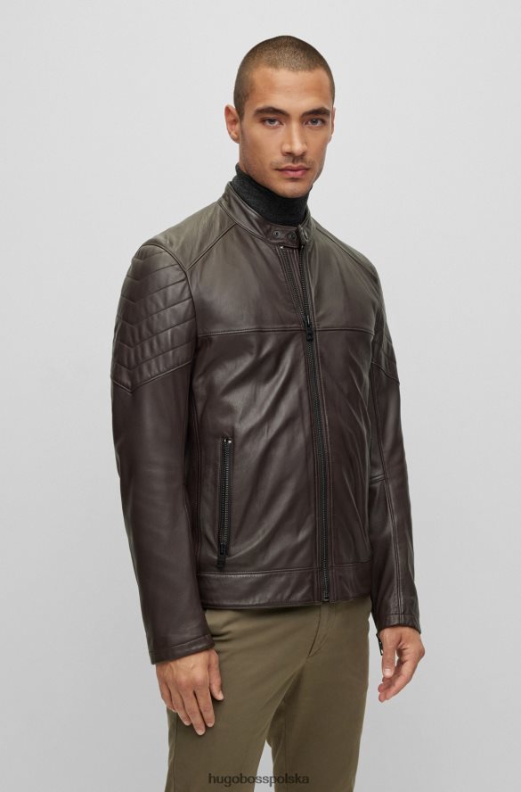Hugo Boss Kurtka hugo slim-fit ze skóry jagnięcej z pikowanymi detalami w kolorze ciemnobrązowym ciemny brąz R0X0H61050