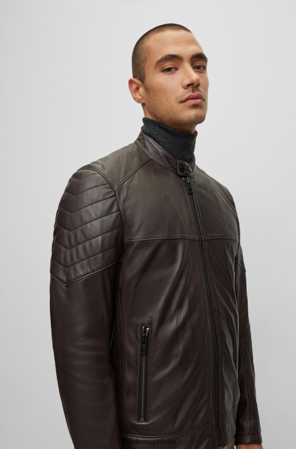 Hugo Boss Kurtka hugo slim-fit ze skóry jagnięcej z pikowanymi detalami w kolorze ciemnobrązowym ciemny brąz R0X0H61050