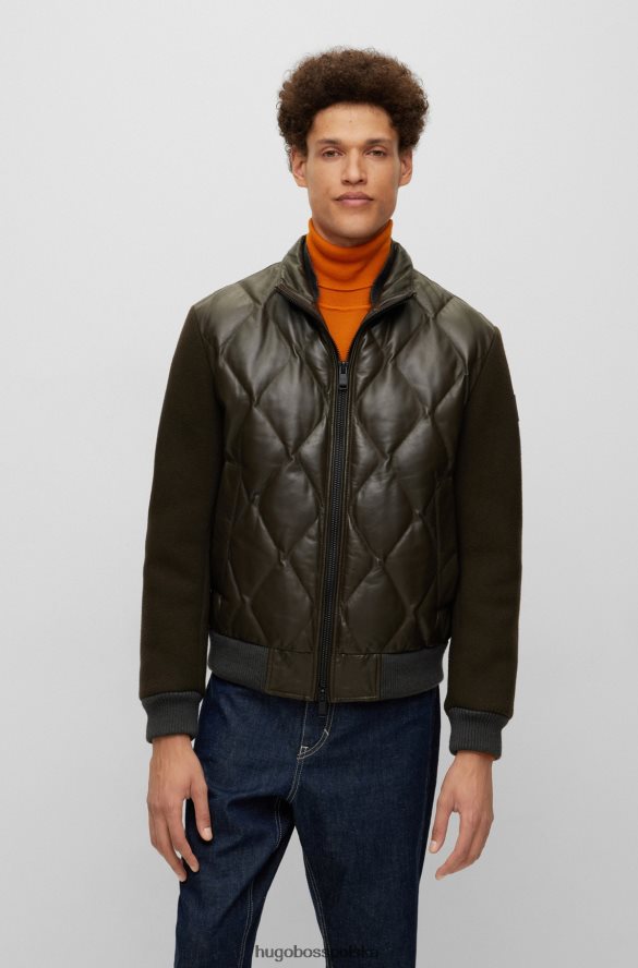 Hugo Boss ciemnozielona pikowana kurtka ze skóry z rękawami z domieszką wełny hugo ciemnozielony R0X0H63287