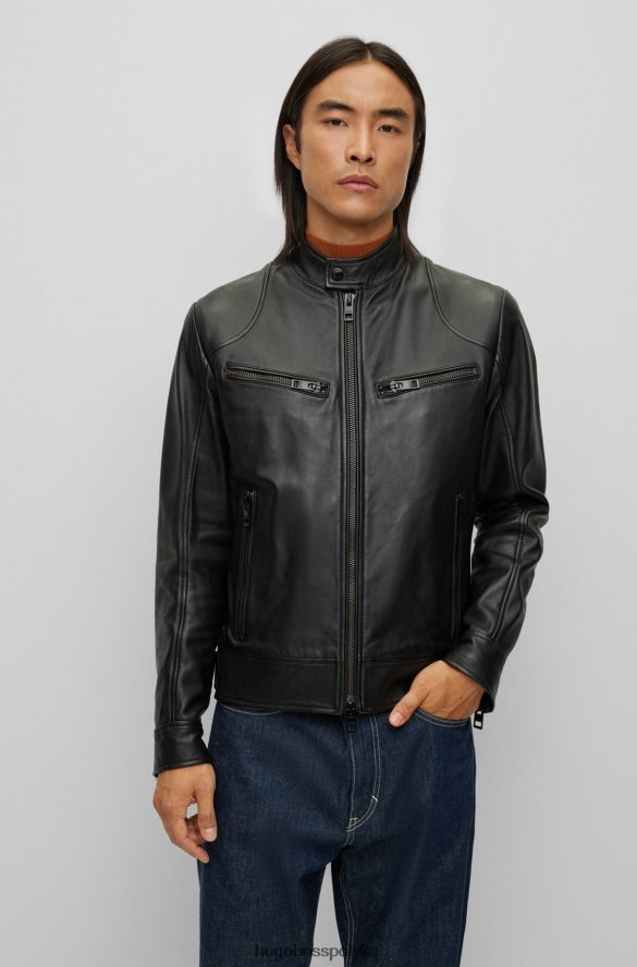 Hugo Boss czarna kurtka motocyklowa ze skóry nappa z grubymi zamkami hugo czarny R0X0H61492