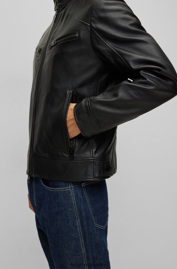 Hugo Boss czarna kurtka motocyklowa ze skóry nappa z grubymi zamkami hugo czarny R0X0H61492