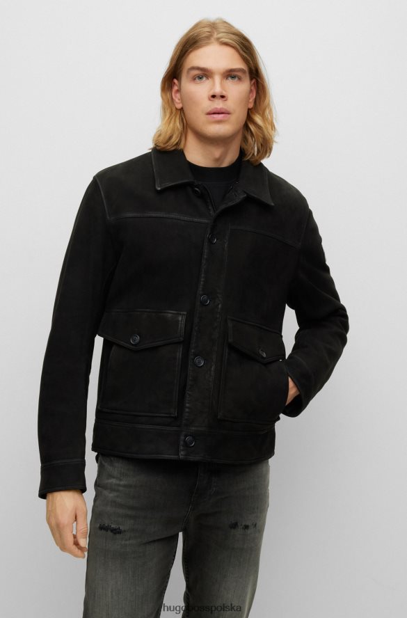Hugo Boss czarna kurtka typu trucker ze skóry nappa z odpinanym kołnierzem typu baranka hugo czarny R0X0H62896