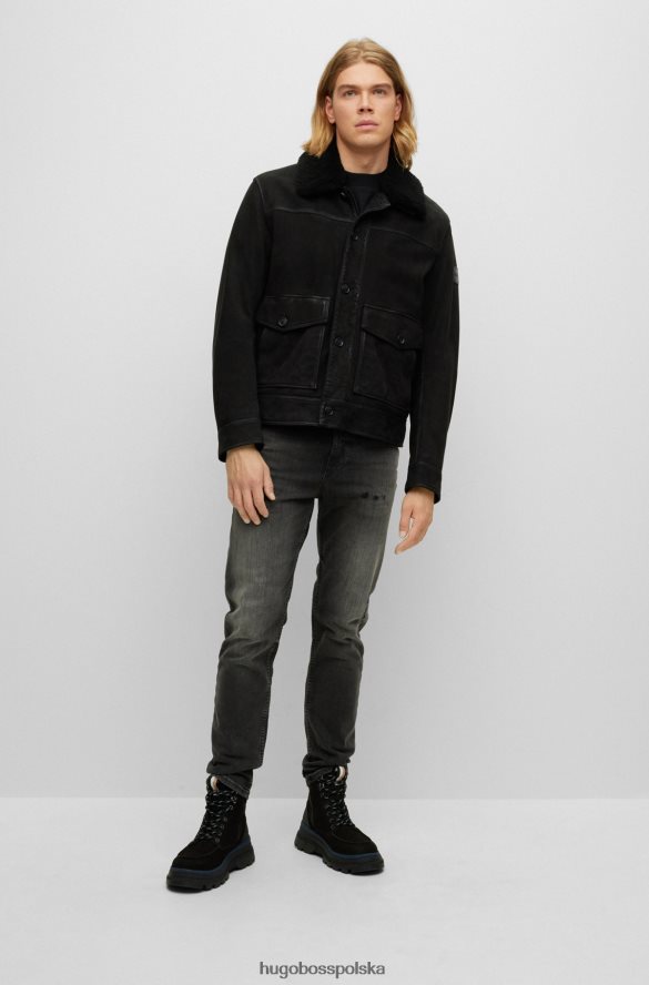 Hugo Boss czarna kurtka typu trucker ze skóry nappa z odpinanym kołnierzem typu baranka hugo czarny R0X0H62896