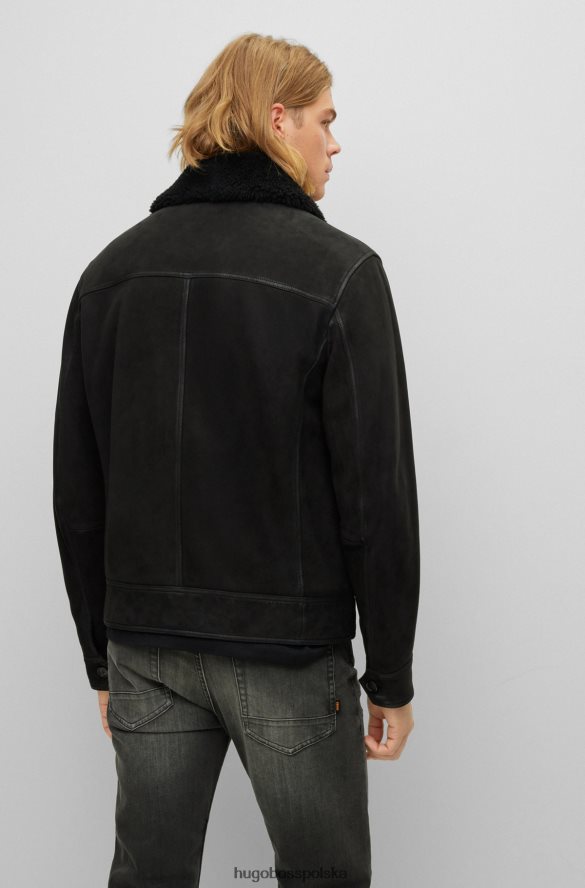 Hugo Boss czarna kurtka typu trucker ze skóry nappa z odpinanym kołnierzem typu baranka hugo czarny R0X0H62896