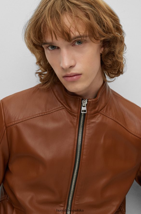 Hugo Boss hugo brązowa, bardzo dopasowana kurtka motocyklowa ze skóry brązowy R0X0H62985