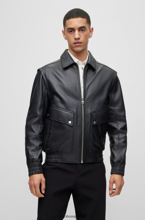 Hugo Boss skórzana kurtka nabijana logo z odpinanymi rękawami, czarna, hugo czarny R0X0H64496