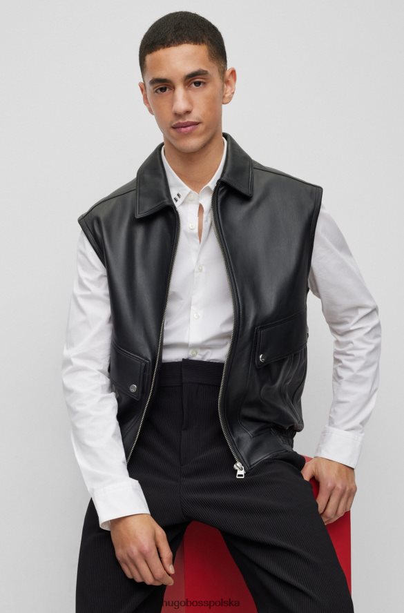 Hugo Boss skórzana kurtka nabijana logo z odpinanymi rękawami, czarna, hugo czarny R0X0H64496