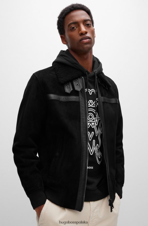 Hugo Boss zamszowa kurtka bomber z odpinanym kołnierzem z baraniny hugo czarna czarny R0X0H62403