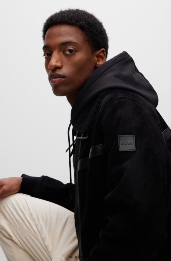 Hugo Boss zamszowa kurtka bomber z odpinanym kołnierzem z baraniny hugo czarna czarny R0X0H62403