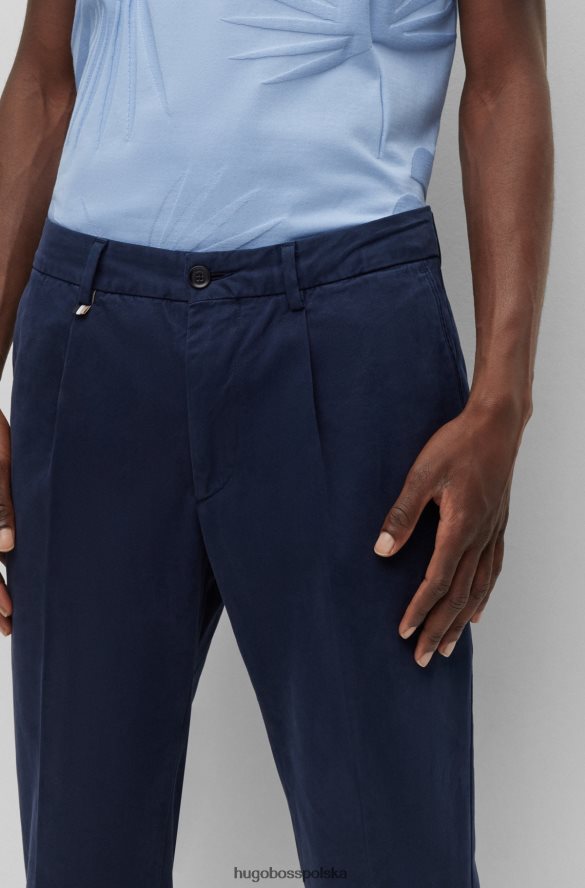 Hugo Boss Hugo ciemnoniebieskie spodnie z zakładkami z przodu, z elastycznej bawełny o diagonalnym splocie ciemny niebieski R0X0H63870