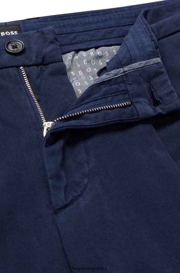 Hugo Boss Hugo ciemnoniebieskie spodnie z zakładkami z przodu, z elastycznej bawełny o diagonalnym splocie ciemny niebieski R0X0H63870