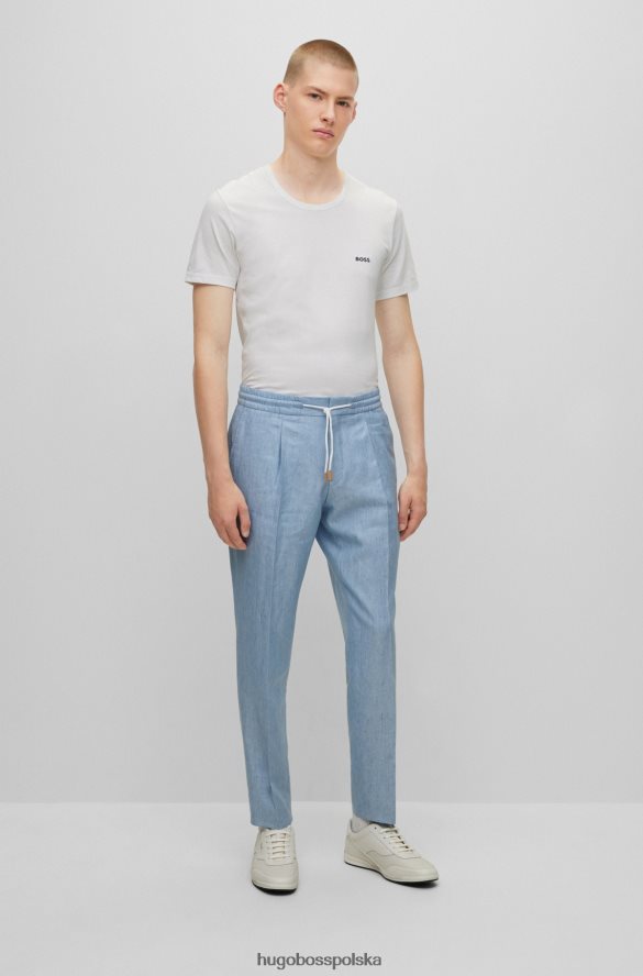 Hugo Boss jasnoniebieskie spodnie Hugo o dopasowanym kroju w jodełkę z lnu, wełny i jedwabiu jasny niebieski R0X0H64351