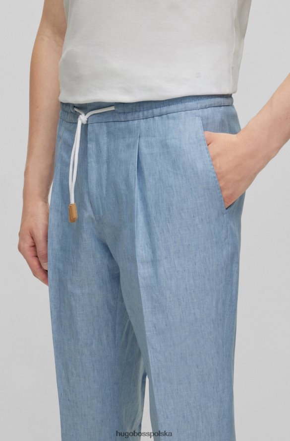Hugo Boss jasnoniebieskie spodnie Hugo o dopasowanym kroju w jodełkę z lnu, wełny i jedwabiu jasny niebieski R0X0H64351