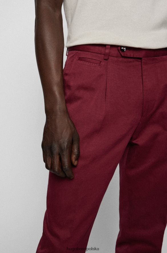 Hugo Boss spodnie o swobodnym kroju ze spranej mieszanki bawełny i lnu w kolorze ciemnoczerwonym hugo ciemno czerwony R0X0H63285